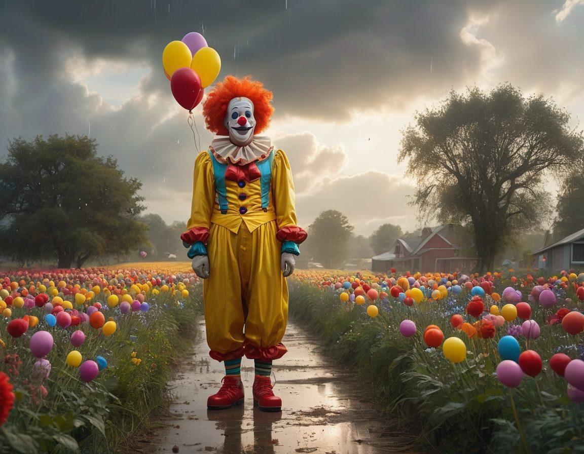 A whimsical character with an exaggerated big butt, dressed in a colorful clown costume, standing in a contrasting melancholic landscape filled with grey-toned elements like wilting flowers and rain. The character is joyfully juggling oversized comedy props like rubber chickens and balloons, radiating vibrant laughter. The background features a cloudy sky that hints at sadness yet has rays of golden light breaking through, symbolizing hope and humor. cartoonish style, vibrant colors, surreal elements.