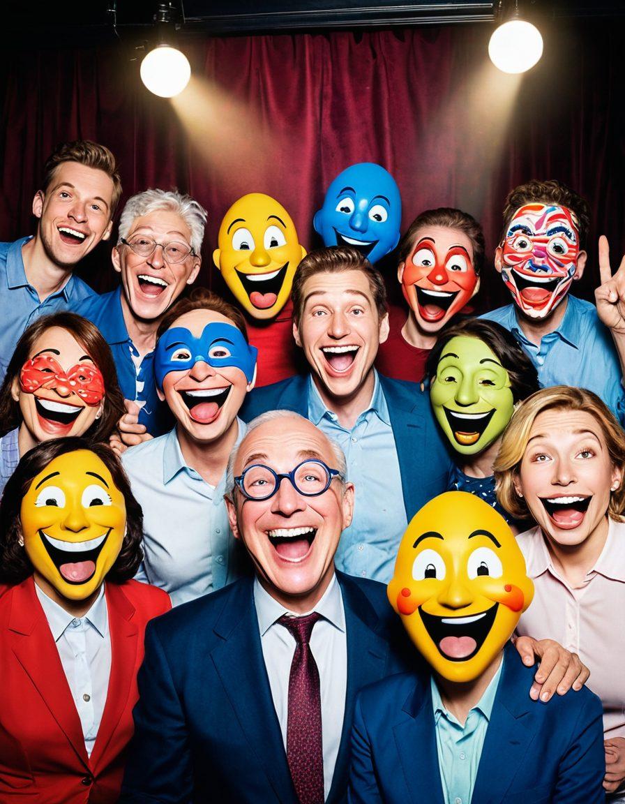 A whimsical scene depicting a group of adults laughing heartily in a dimly lit comedy club, surrounded by contrasting shadows representing melancholy. The background features playful motifs of oversized, smiling masks and teardrop shapes, blending sadness with joy. In the foreground, a spotlight shines on a stand-up comedian delivering punchlines, with exaggerated expressions on the audience's faces. Emphasize vibrant colors to evoke a sense of irony and warmth. vibrant colors. cartoonish style. watercolor texture.
