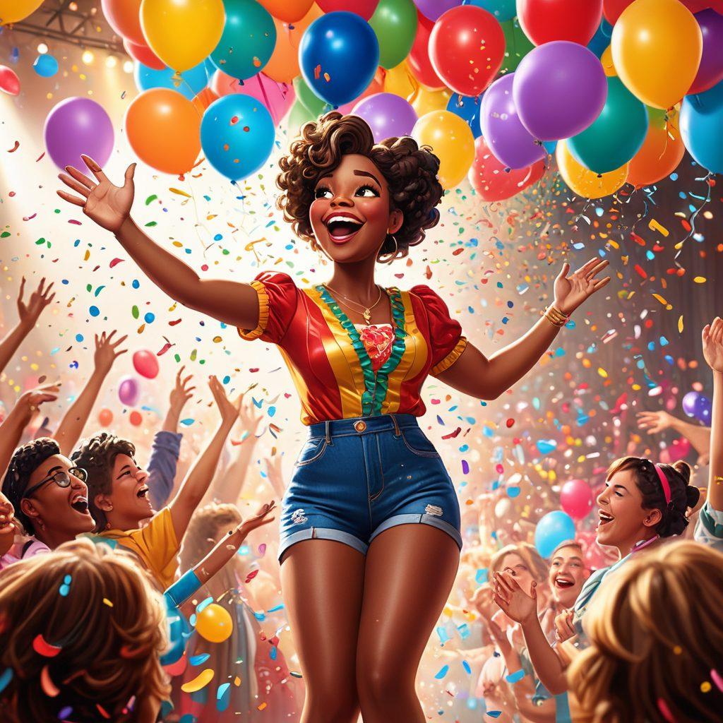 A whimsical scene featuring a character inspired by Big Booty Judy, joyfully dancing on stage surrounded by a vibrant audience roaring with laughter. The atmosphere is light-hearted with colorful balloons and confetti falling from above, symbolizing joy and comedy. Judy's lively expression should capture the essence of humor and fun, while the audience showcases diverse expressions of happiness. Bright stage lights illuminate the scene, creating a festive vibe. cartoonish style. vibrant colors. dynamic composition.